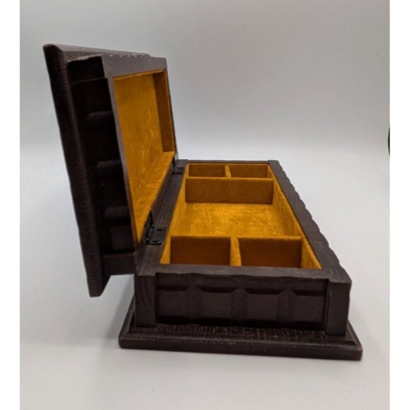 Apex VTG Wooden Rectangle Jewelry Box Gold Velvet Hinged Hammered Japan 12x5 - Picture 7 of 11